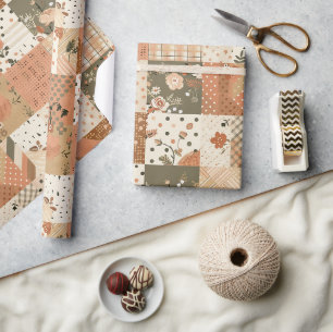 Papier Cadeau Couverture Terracotta Peach Quilt Cottagecore Ging