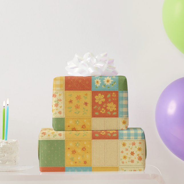 Papier Cadeau Couvre-lit Patchwork Jaune Fleurs Maison de Campag (Cadeaux de fête)