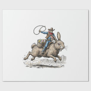Papier Cadeau Cow-boy montant un lapin de Pâques Western Howdy P