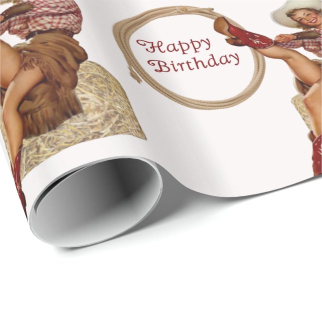 Papier Cadeau Cow-girl occidentale de cru de joyeux anniversaire (Coin rond)