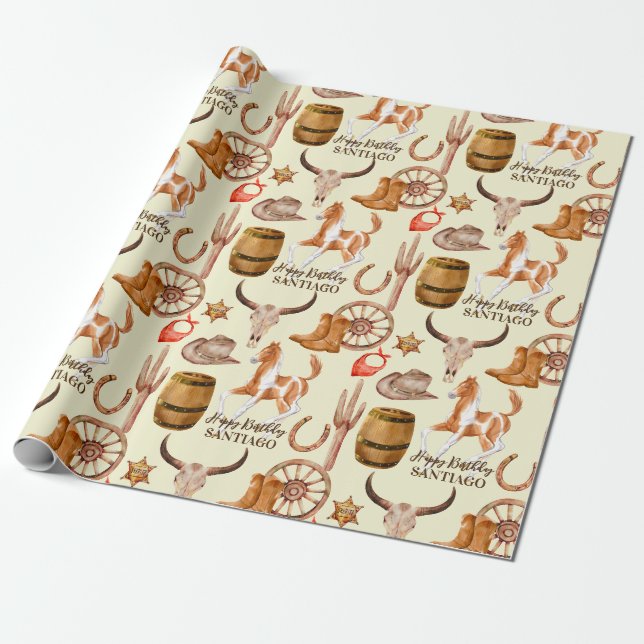 Papier Cadeau Cowboy cowgirl western cheval nom personnalisé (Déroulé)