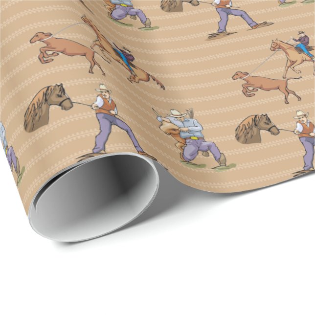 Papier Cadeau Cowboys Chevaux de l'Ouest Steer Tan Enveloppement (Coin rond)