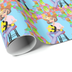 Papier Cadeau Cowgirl Country Chanteur Occidental Avec Guitare J