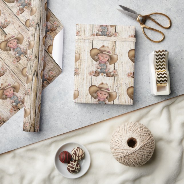 Papier Cadeau Cowgirl western white wograin fille rustique (Artisanat)