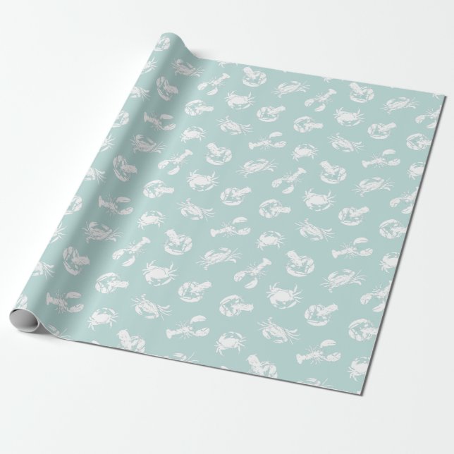 Papier Cadeau Crabe et homard Bleu pâle Fruits de mer à motif (Déroulé)