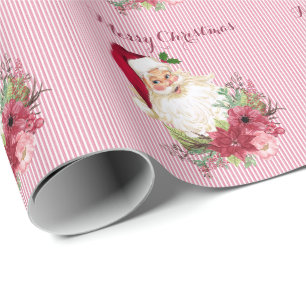Papier Cadeau Cranberry Floral Santa Claus Stripe Poinsettia
