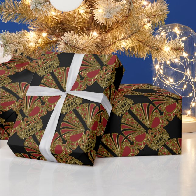 Papier Cadeau Crâne à sucre rouge et or crâne (Vacances)