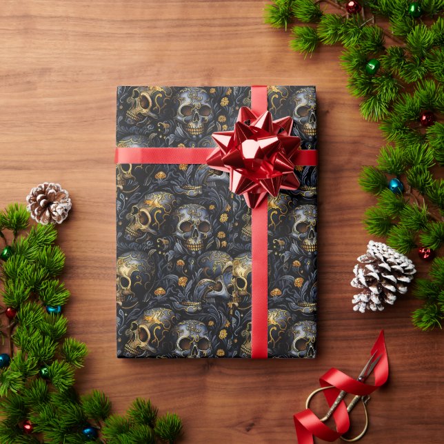 Papier Cadeau crâne baroque doré (Cadeau de vacances)