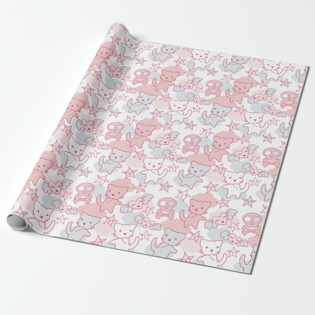 Papier Cadeau Crâne de chat Goth Style japonais Kawaii Coeur Clo (Déroulé)