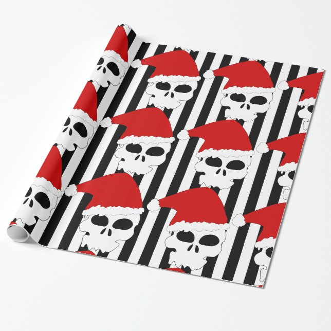 Papier Cadeau Crâne de Noël Chapeau de Père Noël sur les bandes  (Déroulé)