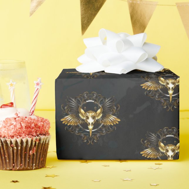 Papier Cadeau Crâne d'oiseaux dorés sur arrière - plan noir (Fête d'anniversaire)