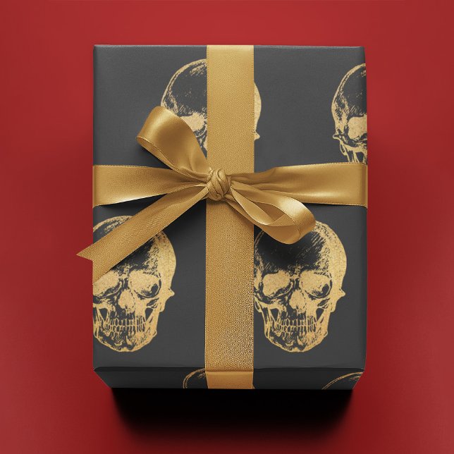 Papier Cadeau Crâne d'or sur gris | (Créateur téléchargé)