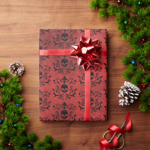 Papier Cadeau Crâne floral damassé gothique foncé (noir et rouge