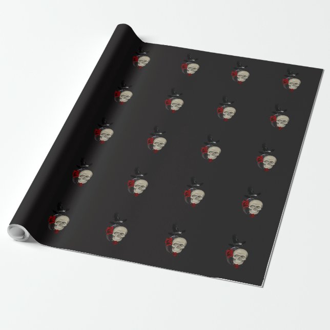 Papier Cadeau Crâne gothique avec Rose et corbeau (Déroulé)