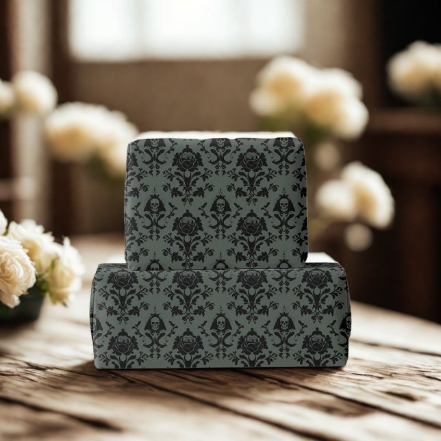 Papier Cadeau Crâne gothique et papier d'enveloppement de Damas  (Elegant and romantic spooky gothic damask wrapping paper just for you)