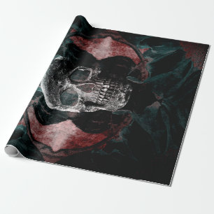 Papier Cadeau Crâne Gothique Floral Turquoise Noir Rouge Grunge 