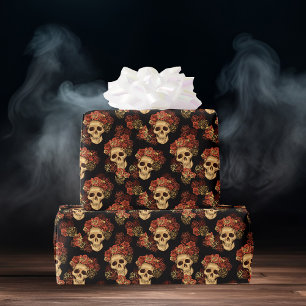 Papier Cadeau Crâne gothique Rouge Rose Noir Halloween Motif