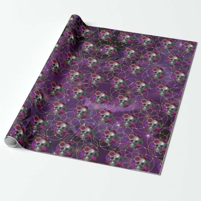 Papier Cadeau Crâne gothique violet et papier d'enveloppement Ro (Déroulé)