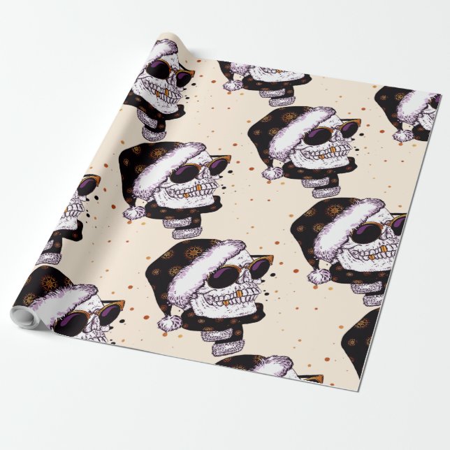Papier Cadeau Crâne mignon de Père Noël avec des sunglass (Déroulé)