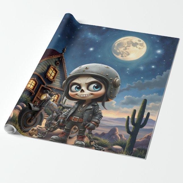 Papier Cadeau Crâne Mignon Motard | Balade au Clair de Lune à Tr (Déroulé)
