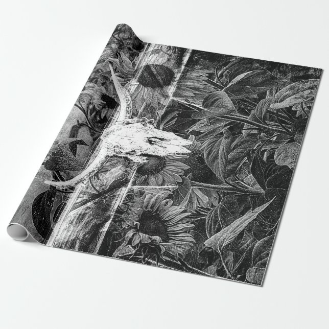 Papier Cadeau Crâne Rustique Floral Noir Et Blanc (Déroulé)