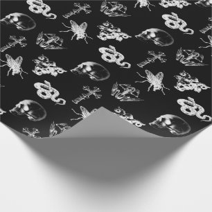 Papier Cadeau Crânes à rayons X Serpents croix Halloween noir bl