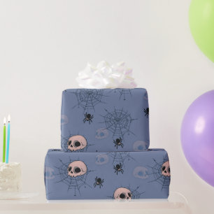 Papier Cadeau Crânes Araignées Toiles d'araignées Bleu Halloween