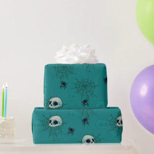 Papier Cadeau Crânes Araignées Toiles d'araignées Vert Halloween