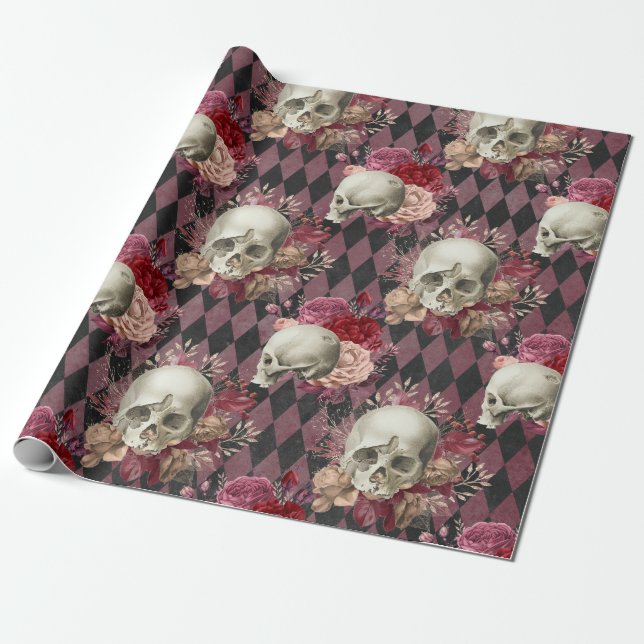 Papier Cadeau Crânes avec des roses et Checkered pourpre rose (Déroulé)