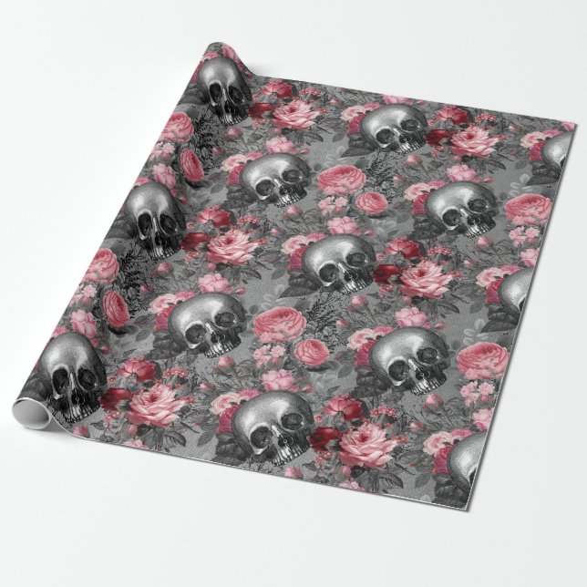 Papier Cadeau Crânes avec roses roses sur gris (Déroulé)