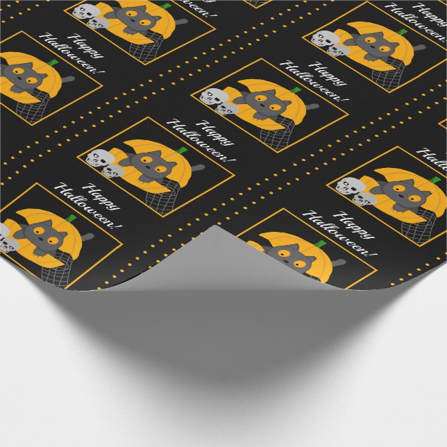 Papier Cadeau Crânes Citrouilles de chat noir Enfants Halloween (Coin)