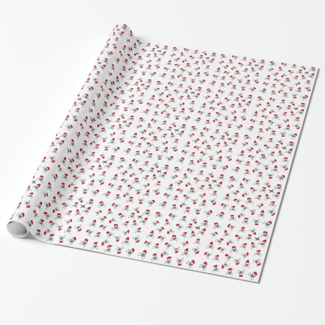 Papier Cadeau Crânes de pirate de Noël sur le blanc (Déroulé)