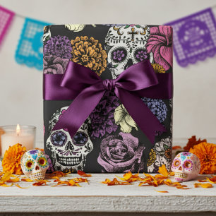 Papier Cadeau Crânes de sucre mexicains colorés XL Fleurs Noir