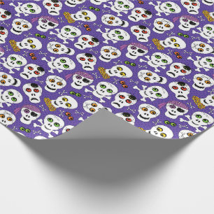 Papier Cadeau Crânes d'Halloween mous sur violet