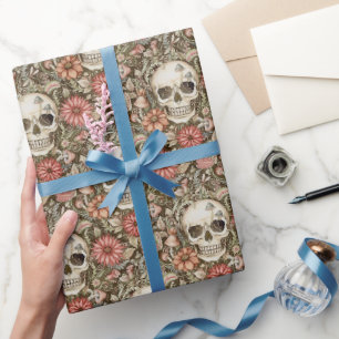 Papier Cadeau Crânes éffrayants et fleurs rouges