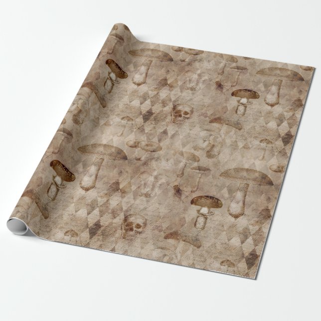 Papier Cadeau Crânes et champignons sur Brown (Déroulé)