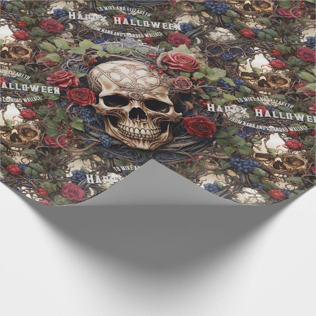 Papier Cadeau Crânes et Rose Bleu Floral Gothique Halloween (Coin)