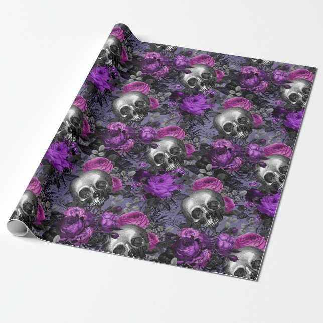 Papier Cadeau Crânes et Roses pourpres sur le violet clair (Déroulé)