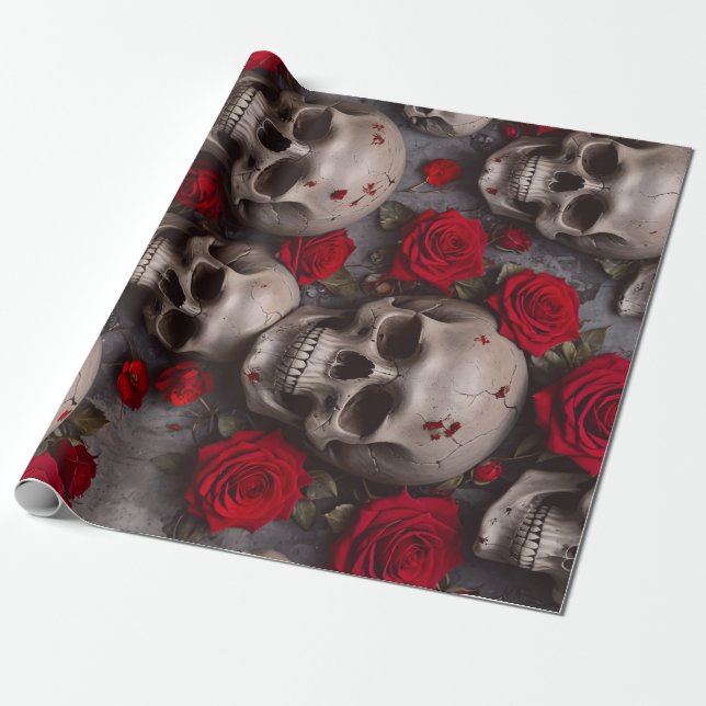 Papier Cadeau Crânes Et Roses Rouges Enveloppant Du Papier (Déroulé)