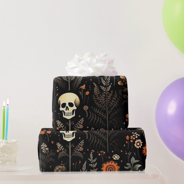 Papier Cadeau Crânes Fleurs et verdure Halloween noir (Cadeaux de fête)