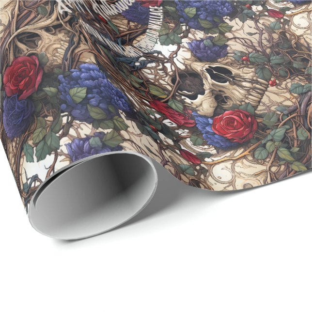 Papier Cadeau Crânes floraux Roses Fleurs bleues gothiques (Coin rond)