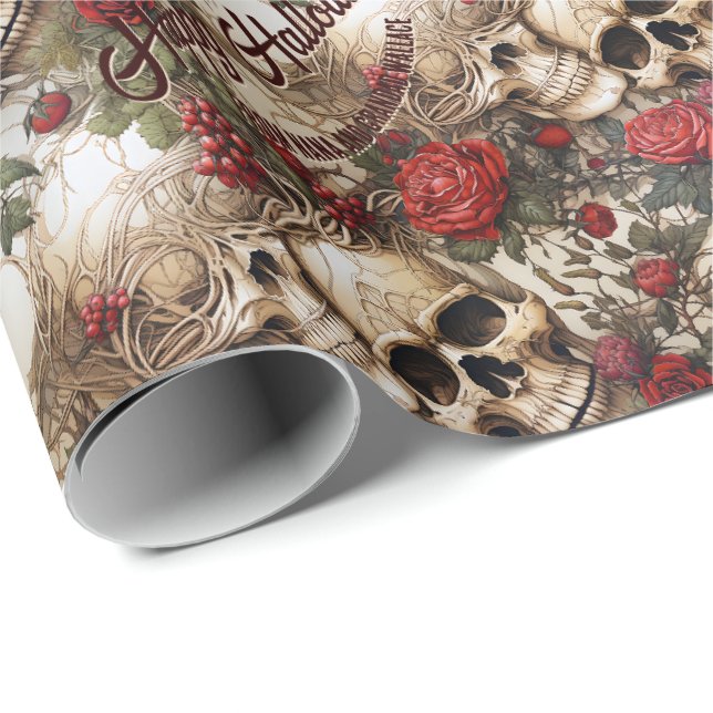 Papier Cadeau Crânes floraux Roses rouges Mariage gothique Hallo (Coin rond)