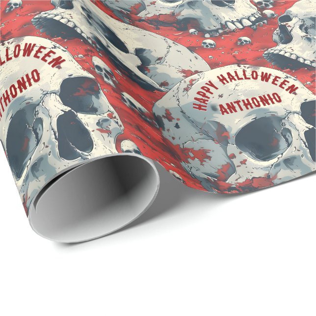 Papier Cadeau Crânes gris-noir rouge vif gothique (Coin rond)