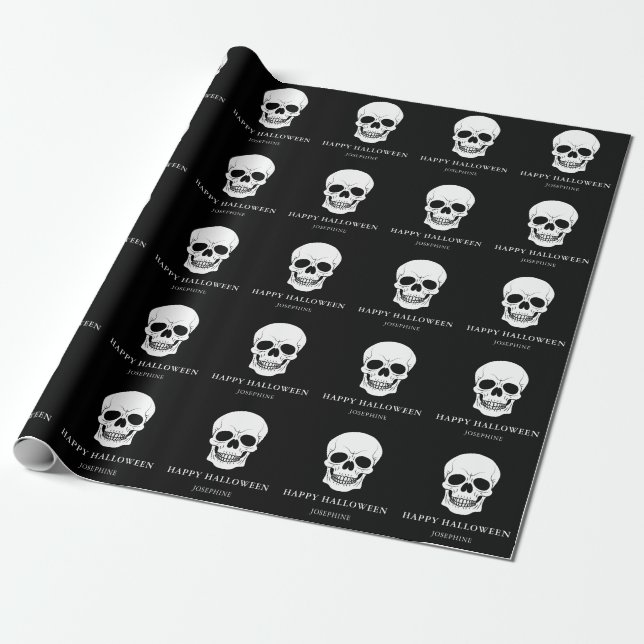 Papier Cadeau Crânes noirs et blancs Bonne Halloween Nom personn (Déroulé)