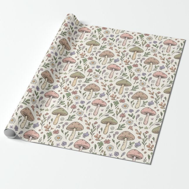 Papier Cadeau Cream Pastel Mushroom Fungi Seamless Pattern (Déroulé)