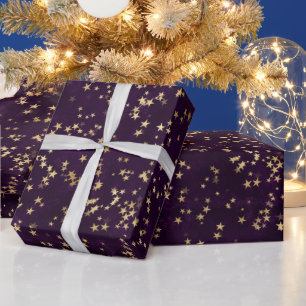 Papier Cadeau Création d'étoiles dorées célestes élégantes viole