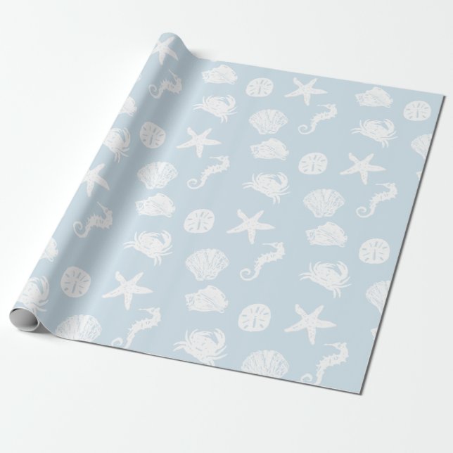 Papier Cadeau Créatures de mer bleu-clair et blanche (Déroulé)