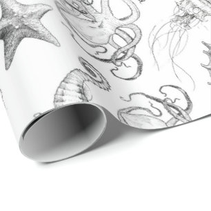 Papier Cadeau Créatures nautiques de mer de thème d'océan noires