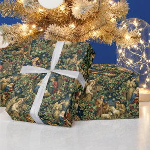 Papier Cadeau Crèche florale vintage sur fond bleu de minuit