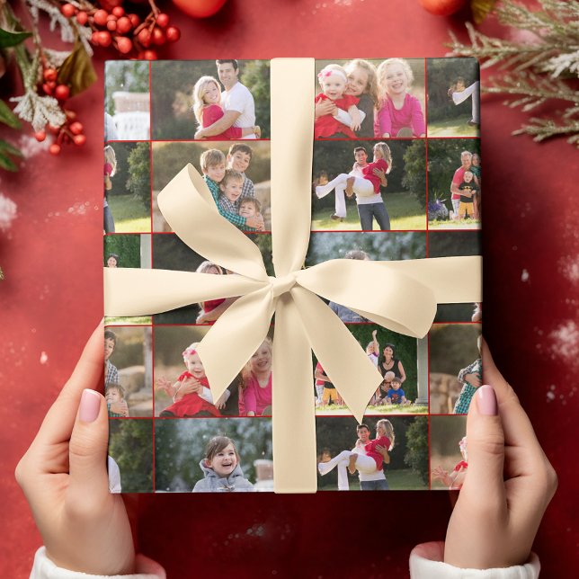 Papier Cadeau Créer Personnalisé 6 Photo Collage Rouge Or Noël (Create Custom 6 Photo Collage Red Gold Christmas Wrapping Paper)